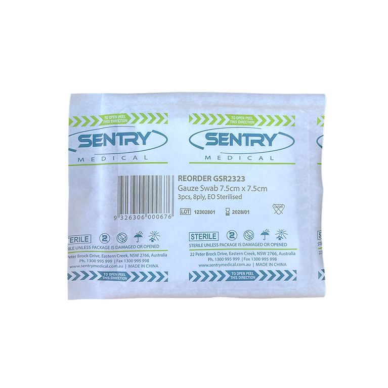SENTRY GAUZE SWABS STERILE 8 PLY 7.5CM X 7.5CM (PACKET 3)