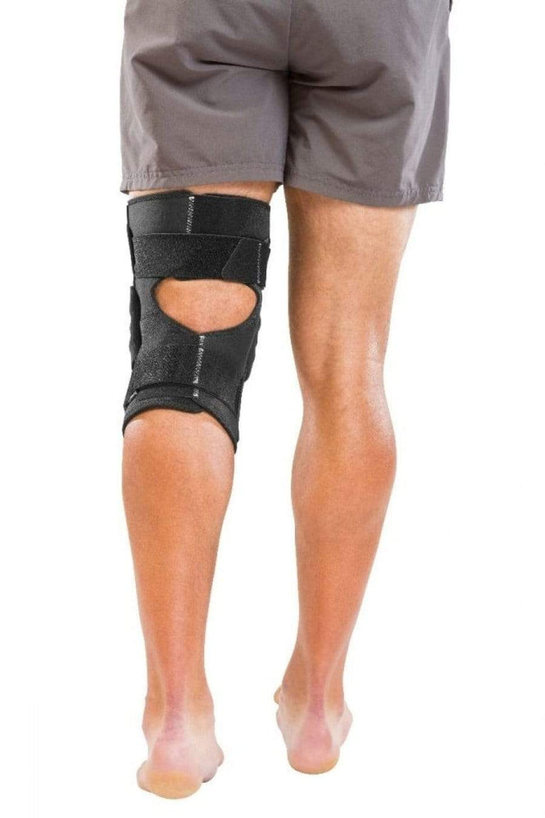 MUE5313 METAL TRIAXIAL HINGED WRAPAROUND KNEE BRACE WITH OPEN BACK TO PREVENT BUNCHING